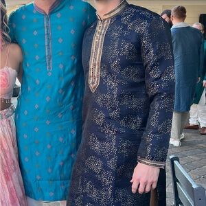 Men’s navy blue and gold kurta set Indian wedding guest vest and pants like new